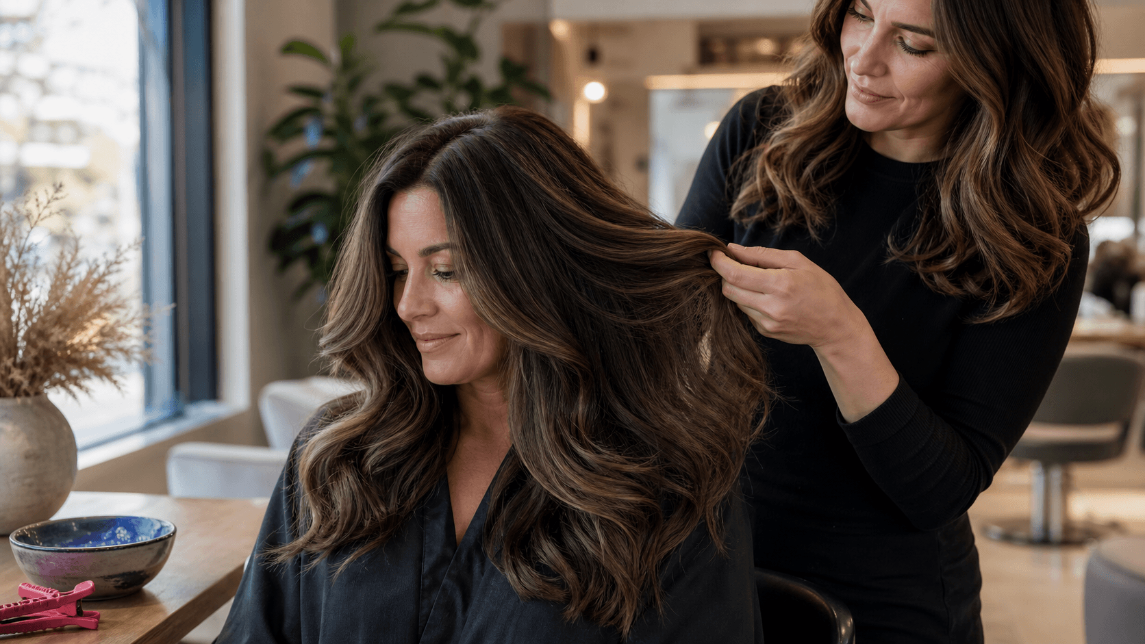 Close-up of a brunette woman’s glossy hair in warm salon lighting, with stylist hands combing through the strands.