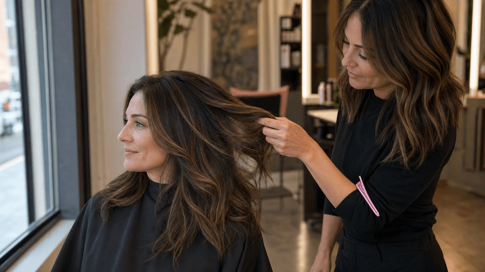 Brunette woman with glossy waves in a salon chair, warm lighting, mirror reflections, and styling tools in background.